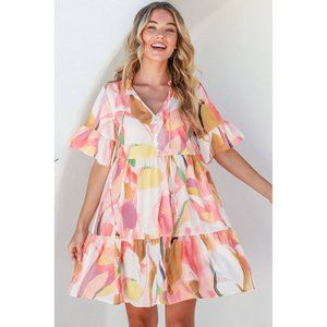 Pink Geometric Print Ruffled Short Sleeve Tied V-Neck Mini Dress